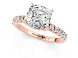 Rose gold Cushion Cut Moissanite Solitaire Ring with Round  Pavé Band and Four-Prong Setting_43