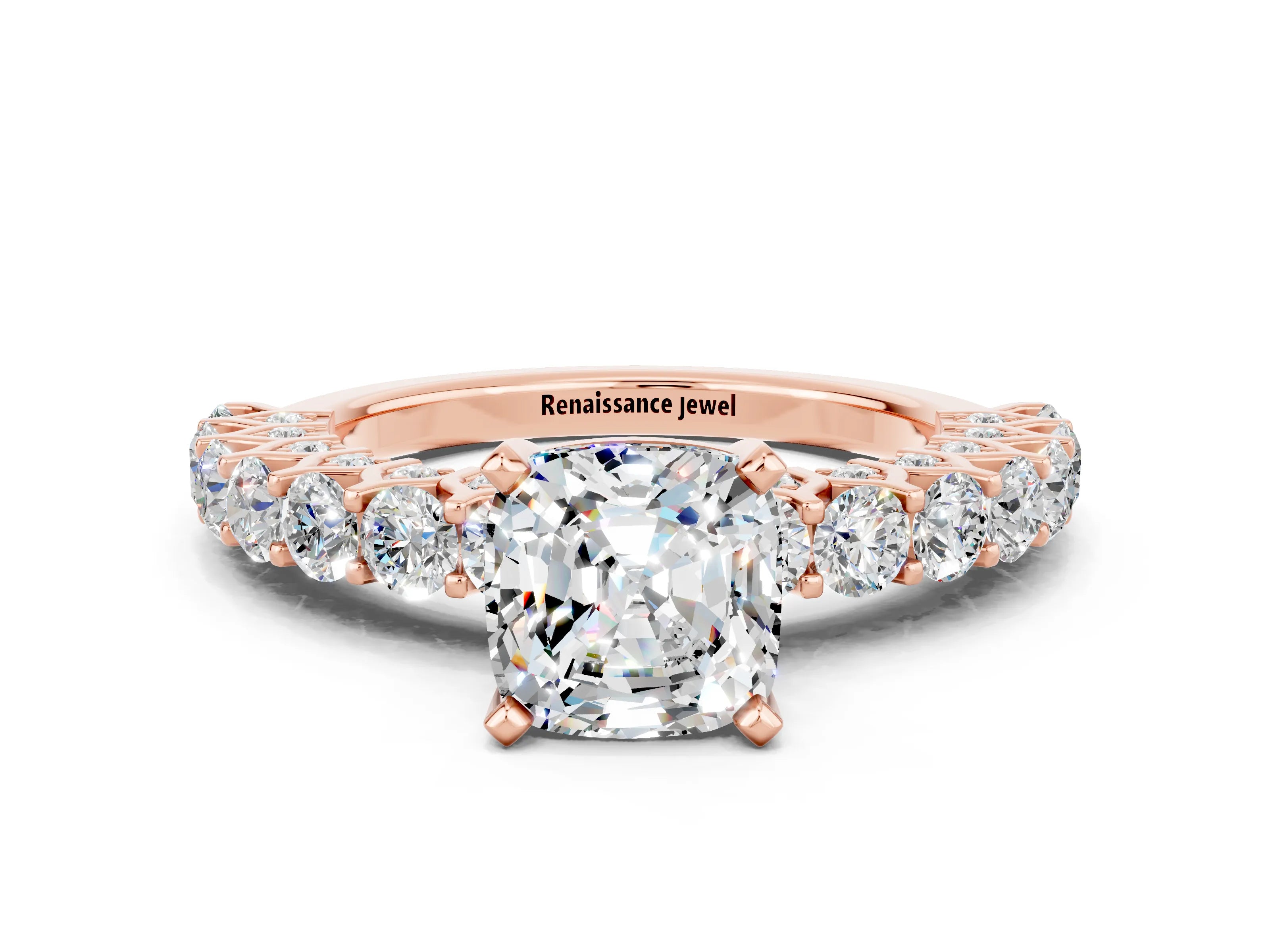 Rose gold Cushion Cut Moissanite Solitaire Ring with Shared Prong Pavé Band and Four-Prong Setting