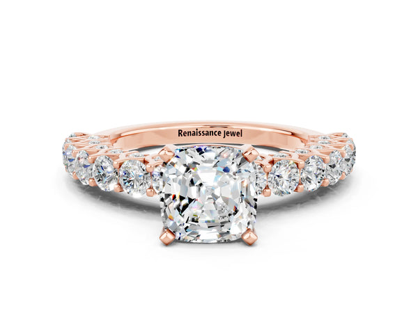 Rose gold Cushion Cut Moissanite Solitaire Ring with Shared Prong Pavé Band and Four-Prong Setting