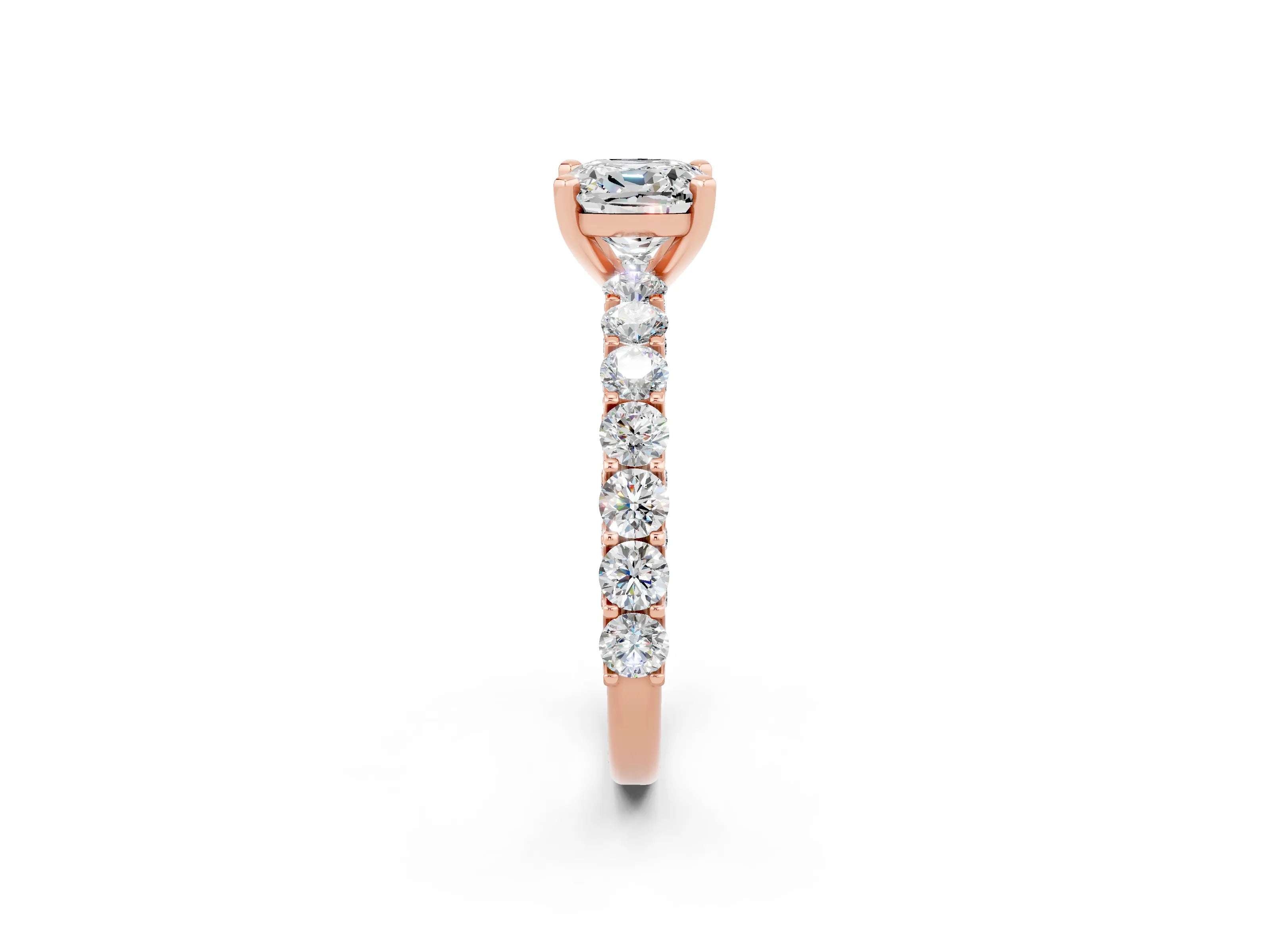 Rose gold Cushion Cut Moissanite Solitaire Ring with Shared Prong Pavé Band and Four-Prong Setting_2