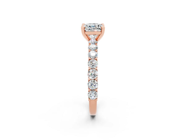 Rose gold Cushion Cut Moissanite Solitaire Ring with Shared Prong Pavé Band and Four-Prong Setting