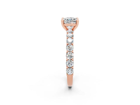 Rose gold Cushion Cut Moissanite Solitaire Ring with Shared Prong Pavé Band and Four-Prong Setting_2