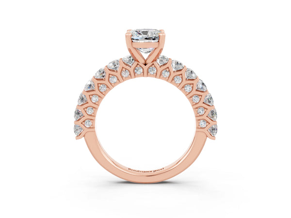 Rose gold Cushion Cut Moissanite Solitaire Ring with Shared Prong Pavé Band and Four-Prong Setting