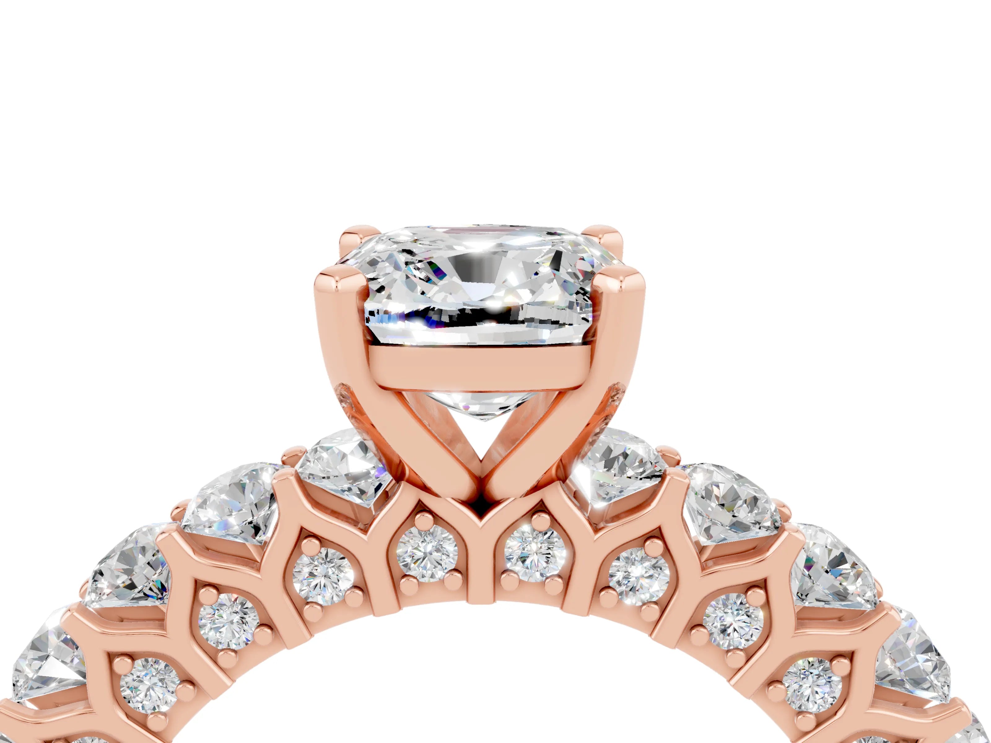 Rose gold Cushion Cut Moissanite Solitaire Ring with Shared Prong Pavé Band and Four-Prong Setting_4