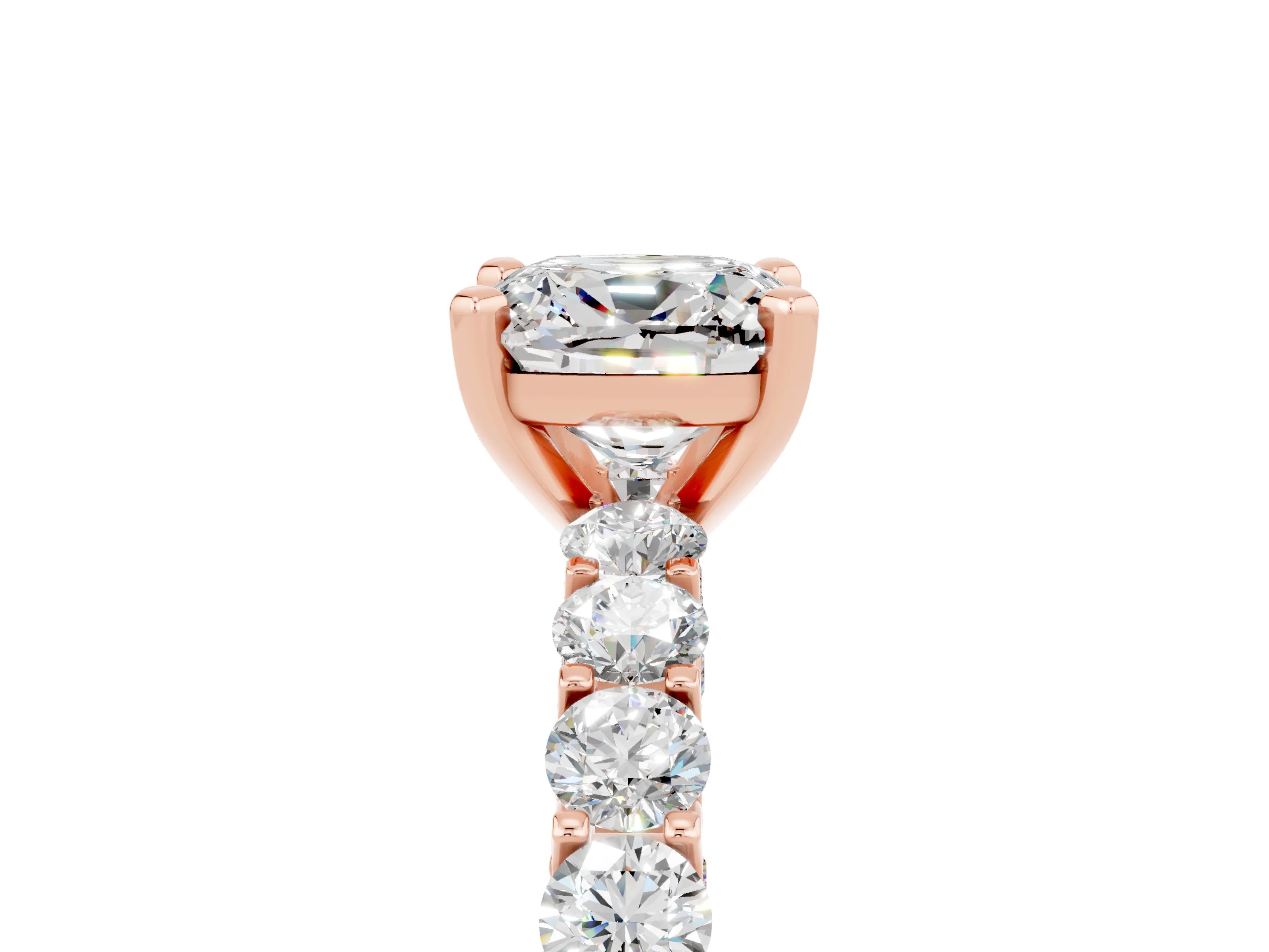 Rose gold Cushion Cut Moissanite Solitaire Ring with Shared Prong Pavé Band and Four-Prong Setting_5