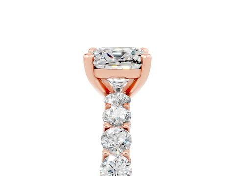 Rose gold Cushion Cut Moissanite Solitaire Ring with Shared Prong Pavé Band and Four-Prong Setting_5