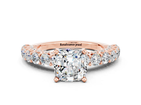 Rose gold Cushion Cut Moissanite Solitaire Ring with Shared Prong Pavé Band and Four-Prong Setting
