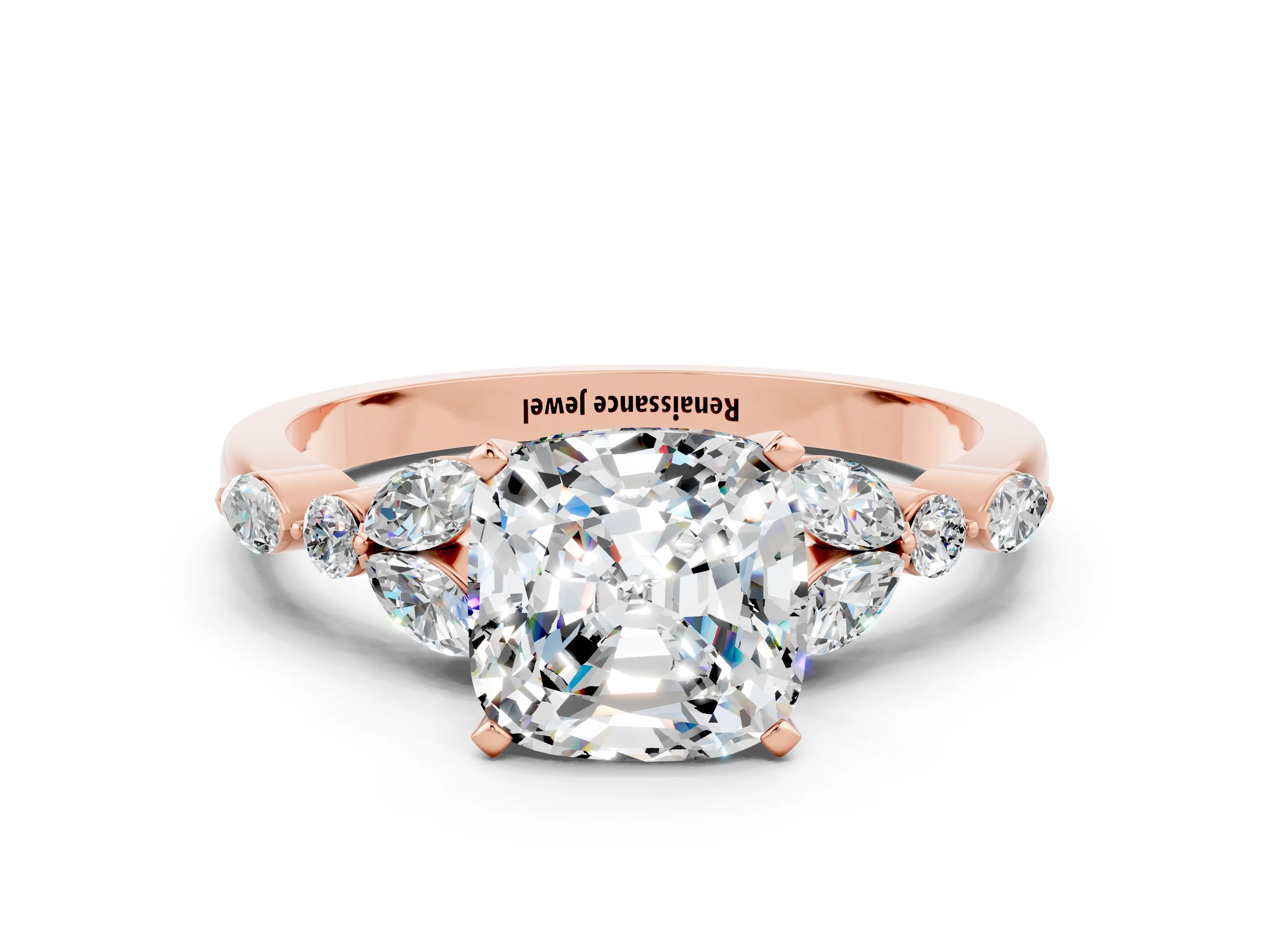 Rose gold Cushion Cut Moissanite Solitaire Ring with Side Stones and Four-Prong Setting_12