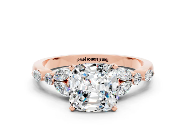Rose gold Cushion Cut Moissanite Solitaire Ring with Side Stones and Four-Prong Setting