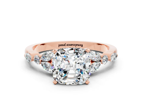 Rose gold Cushion Cut Moissanite Solitaire Ring with Side Stones and Four-Prong Setting_12