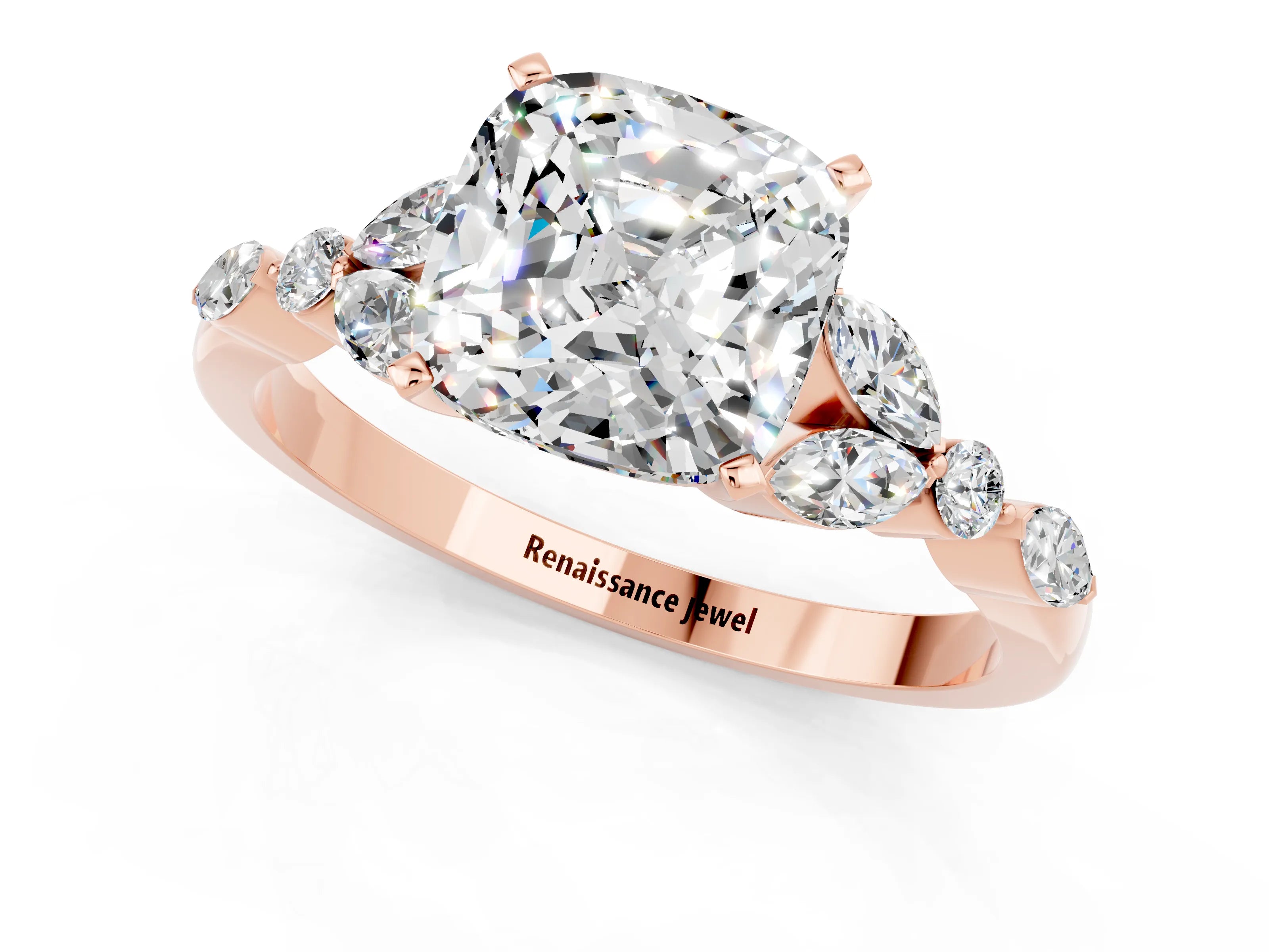Rose gold Cushion Cut Moissanite Solitaire Ring with Side Stones and Four-Prong Setting_13