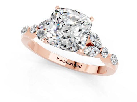 Rose gold Cushion Cut Moissanite Solitaire Ring with Side Stones and Four-Prong Setting_13
