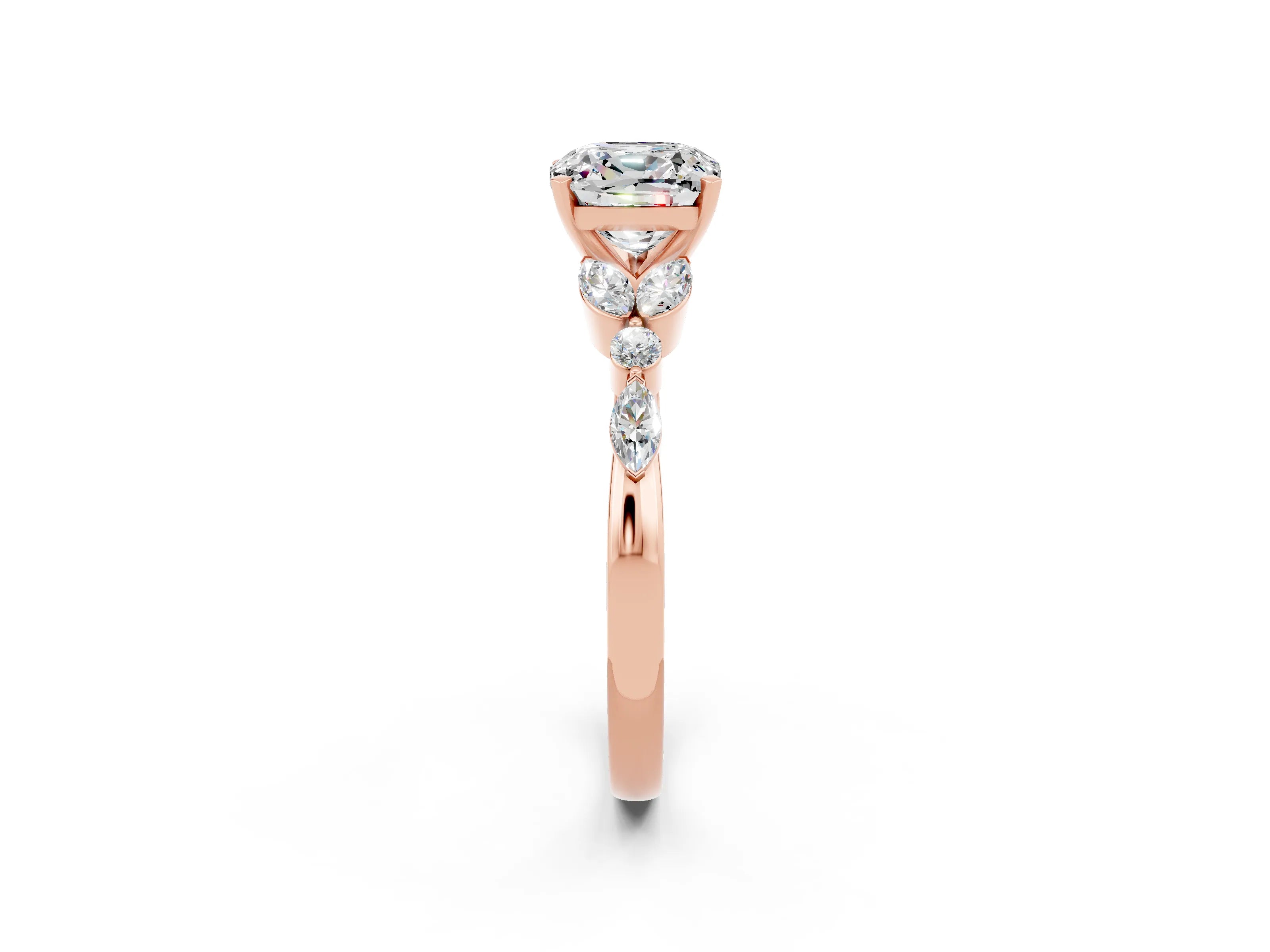 Rose gold Cushion Cut Moissanite Solitaire Ring with Side Stones and Four-Prong Setting_14