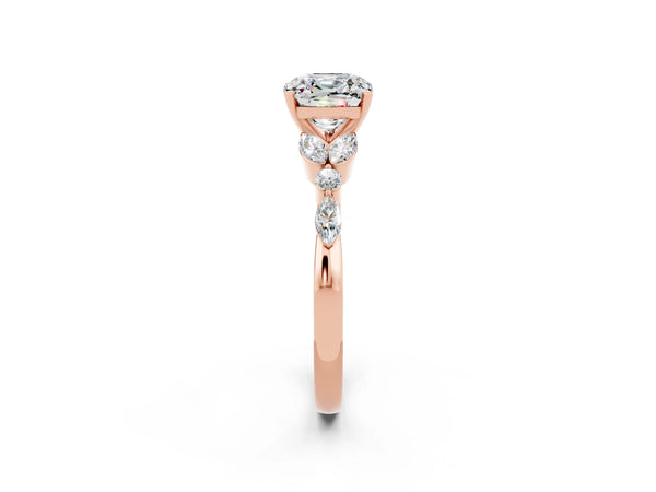 Rose gold Cushion Cut Moissanite Solitaire Ring with Side Stones and Four-Prong Setting