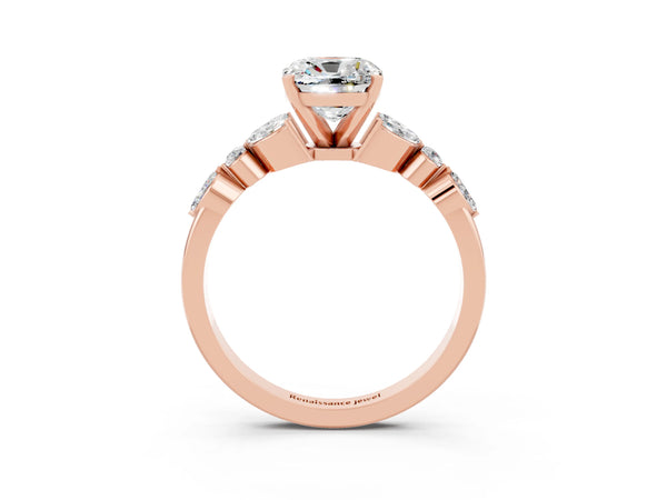 Rose gold Cushion Cut Moissanite Solitaire Ring with Side Stones and Four-Prong Setting