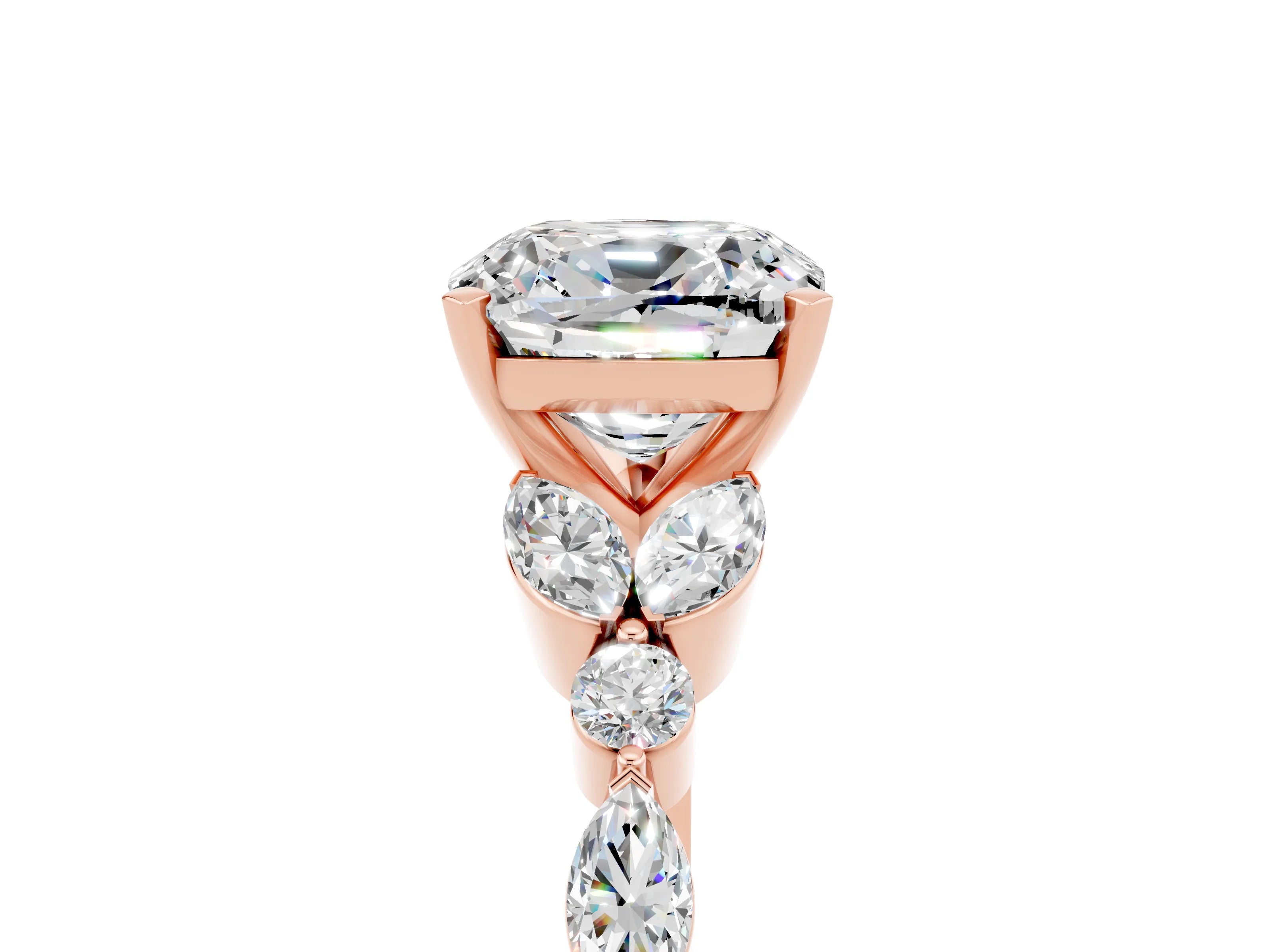 Rose gold Cushion Cut Moissanite Solitaire Ring with Side Stones and Four-Prong Setting_17