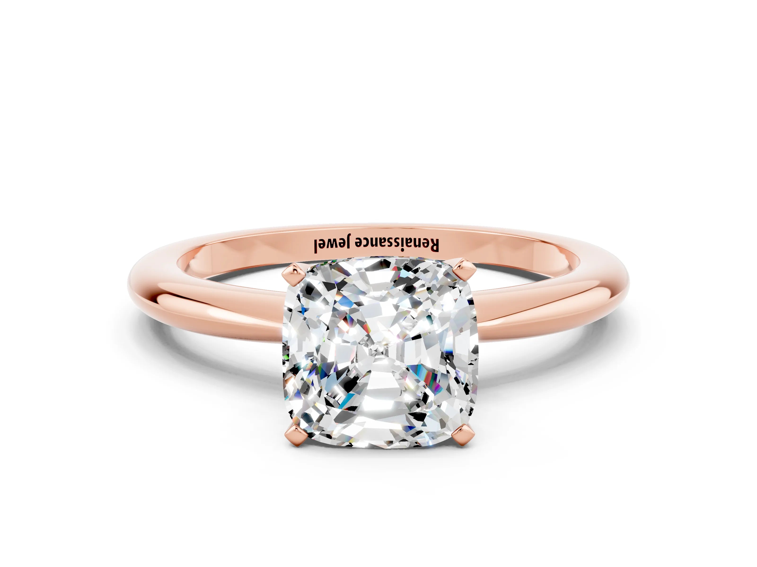 Rose gold Cushion Cut Moissanite Solitaire Ring with Six-Prong Setting and Classic Band