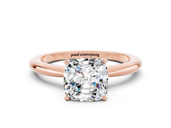 Rose gold Cushion Cut Moissanite Solitaire Ring with Six-Prong Setting and Classic Band