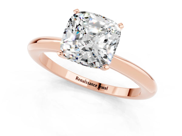 Rose gold Cushion Cut Moissanite Solitaire Ring with Six-Prong Setting and Classic Band
