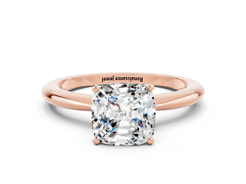 Rose gold Cushion Cut Moissanite Solitaire Ring with Six-Prong Setting and Classic Band