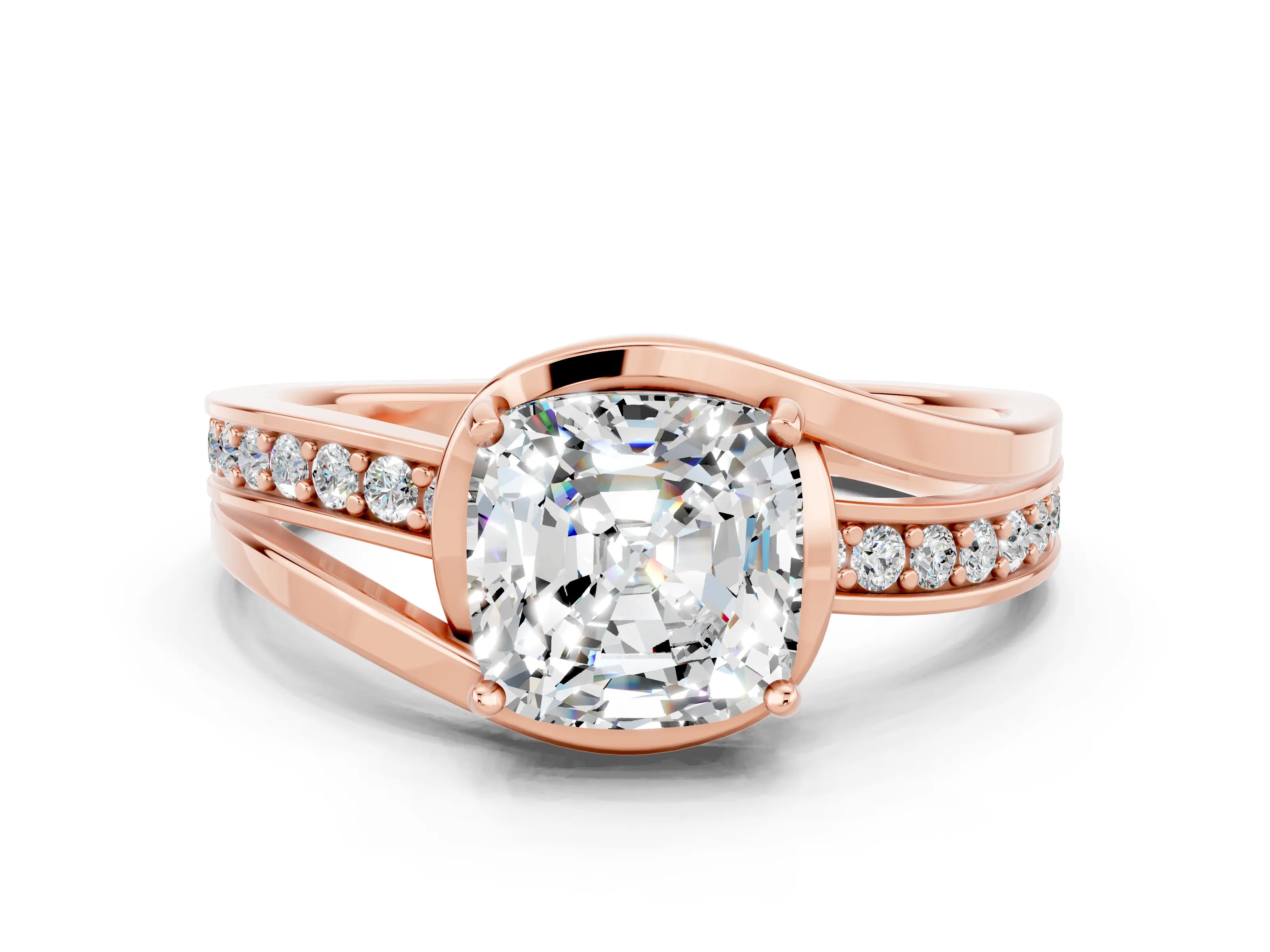 Rose gold Cushion Cut Moissanite Solitaire Ring with Split Shank and Prong Setting