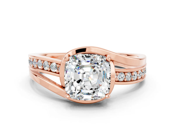 Rose gold Cushion Cut Moissanite Solitaire Ring with Split Shank and Prong Setting
