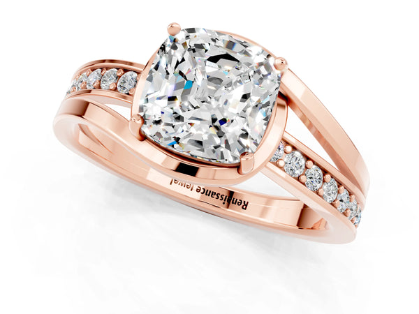 Rose gold Cushion Cut Moissanite Solitaire Ring with Split Shank and Prong Setting