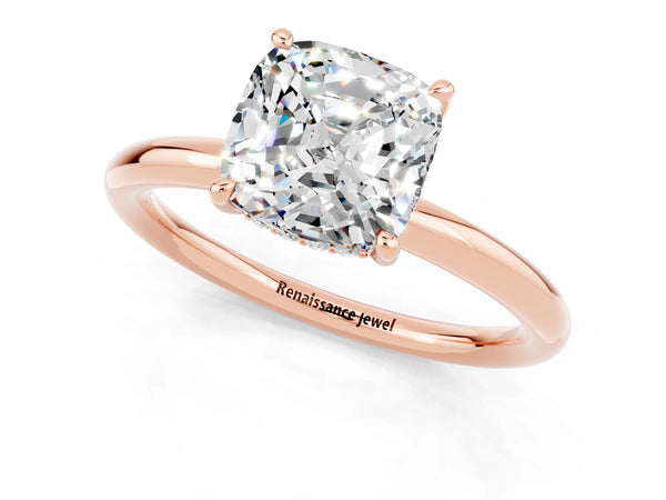 Rose gold Cushion Cut Moissanite Solitaire Ring with Thin Band and Four-Prong Setting