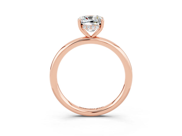 Rose gold Cushion Cut Moissanite Solitaire Ring with Thin Band and Four-Prong Setting