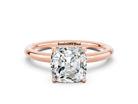 Rose gold Cushion Cut Moissanite Solitaire Ring with Thin Band and Four-Prong Setting