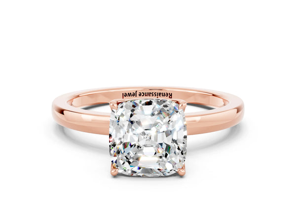 Rose gold Cushion Cut Moissanite Solitaire Ring with Thin Band and Prong Setting
