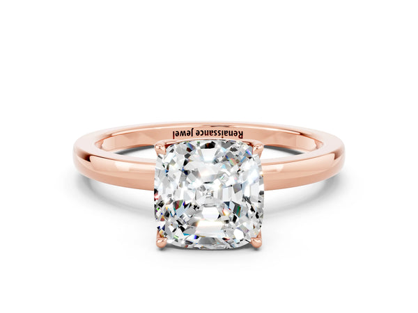 Rose gold Cushion Cut Moissanite Solitaire Ring with Thin Band and Prong Setting