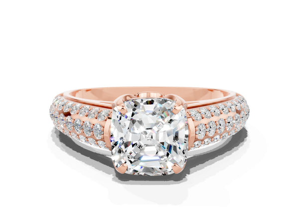 Rose gold Cushion Cut Moissanite Solitaire Ring with Three-Row Pavé Band and Four-Prong Setting