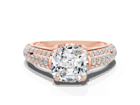 Rose gold Cushion Cut Moissanite Solitaire Ring with Three-Row Pavé Band and Four-Prong Setting_12