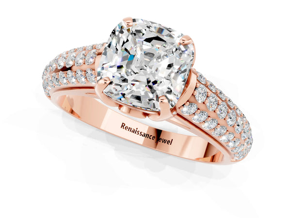 Rose gold Cushion Cut Moissanite Solitaire Ring with Three-Row Pavé Band and Four-Prong Setting