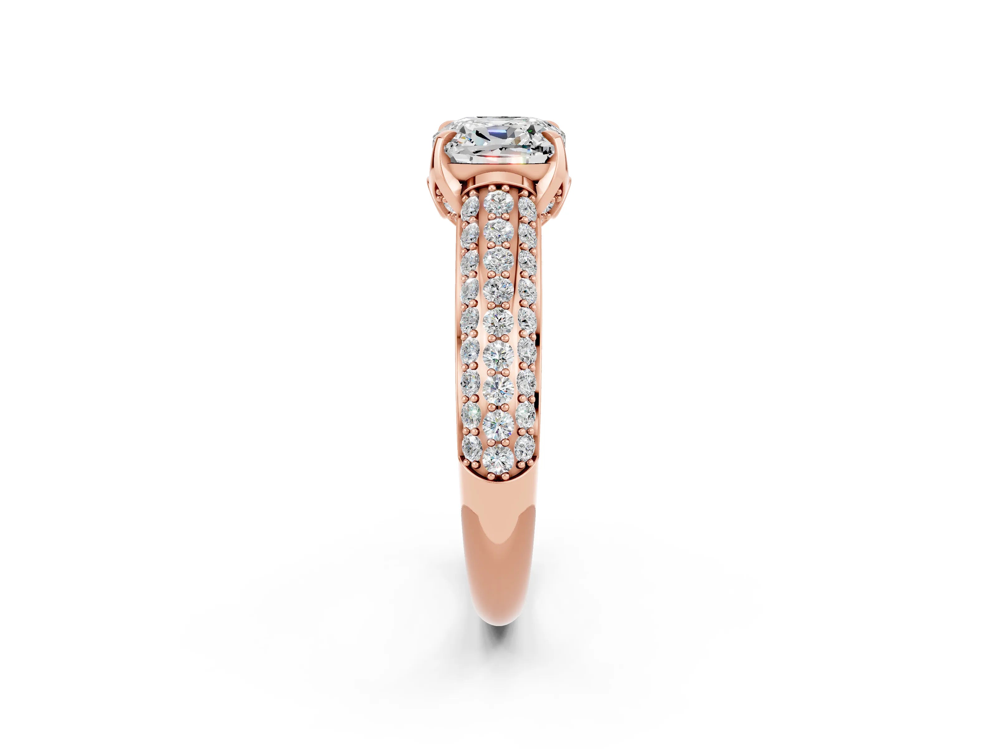 Rose gold Cushion Cut Moissanite Solitaire Ring with Three-Row Pavé Band and Four-Prong Setting_14