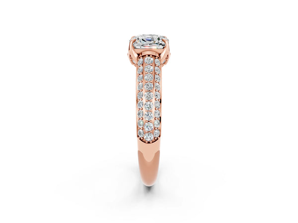 Rose gold Cushion Cut Moissanite Solitaire Ring with Three-Row Pavé Band and Four-Prong Setting