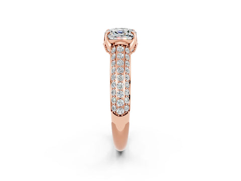 Rose gold Cushion Cut Moissanite Solitaire Ring with Three-Row Pavé Band and Four-Prong Setting_14