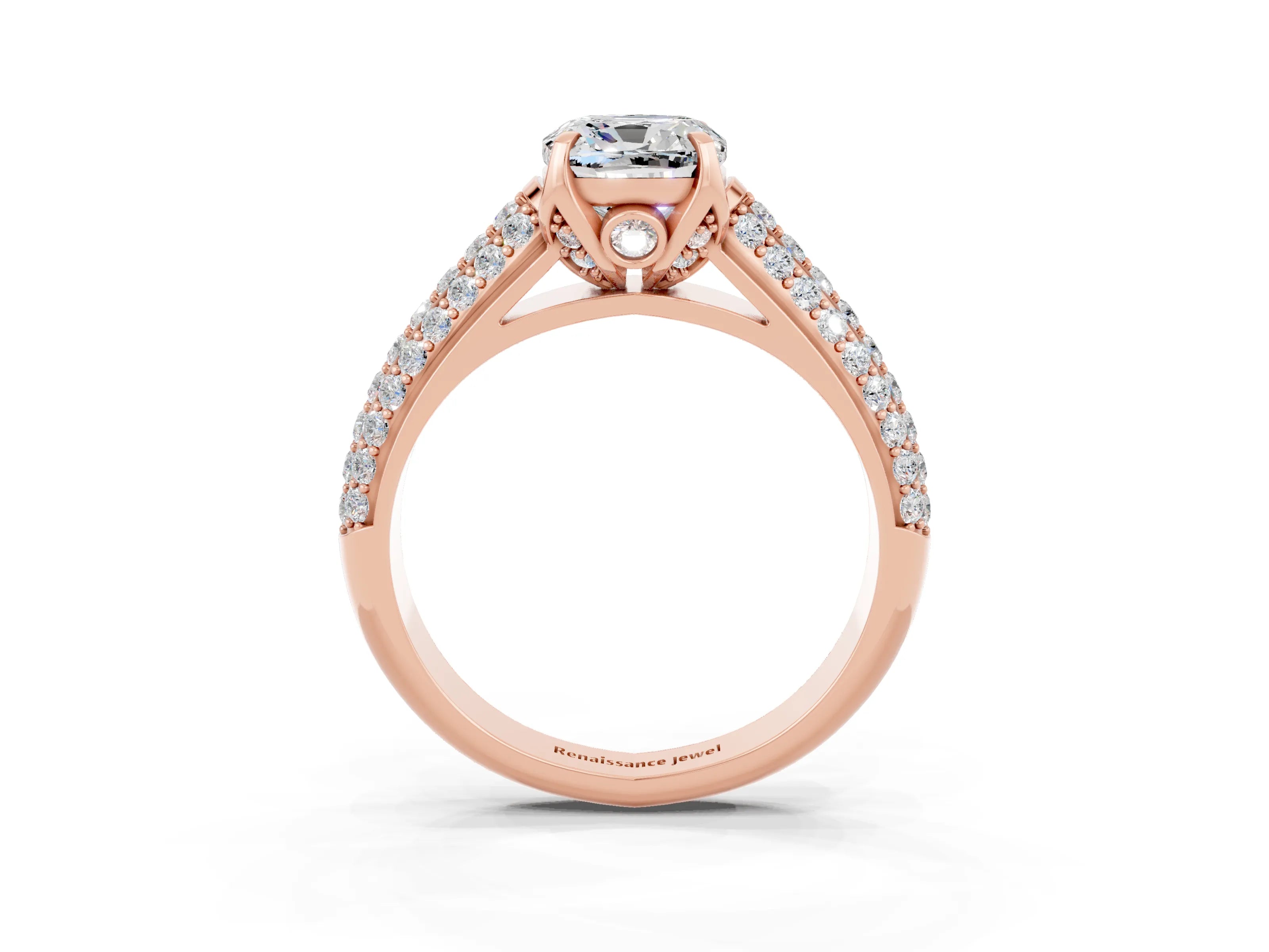 Rose gold Cushion Cut Moissanite Solitaire Ring with Three-Row Pavé Band and Four-Prong Setting_15