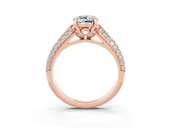 Rose gold Cushion Cut Moissanite Solitaire Ring with Three-Row Pavé Band and Four-Prong Setting