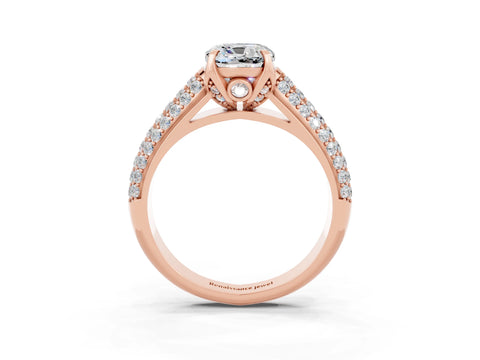 Rose gold Cushion Cut Moissanite Solitaire Ring with Three-Row Pavé Band and Four-Prong Setting_15