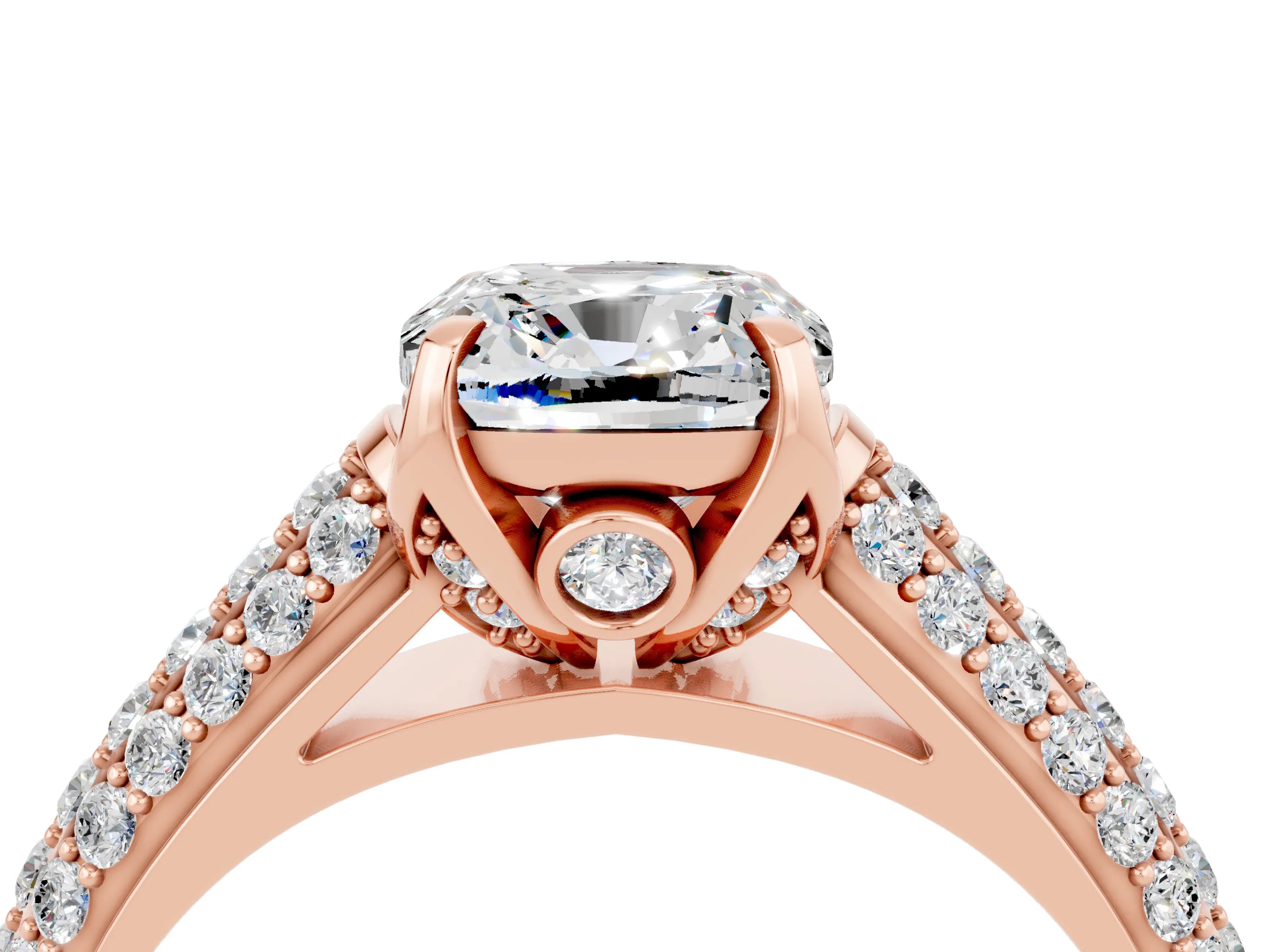 Rose gold Cushion Cut Moissanite Solitaire Ring with Three-Row Pavé Band and Four-Prong Setting_16