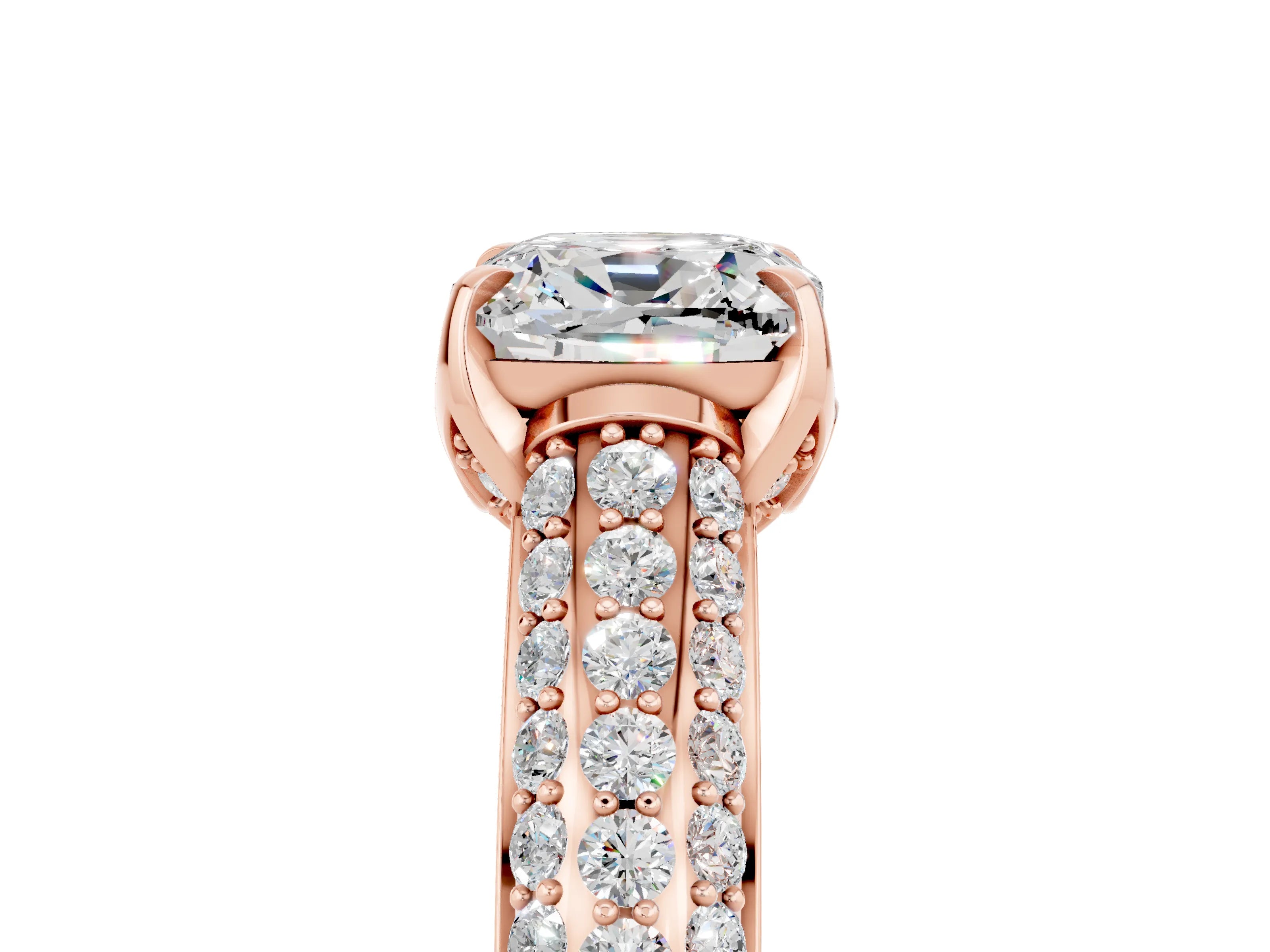Rose gold Cushion Cut Moissanite Solitaire Ring with Three-Row Pavé Band and Four-Prong Setting_17