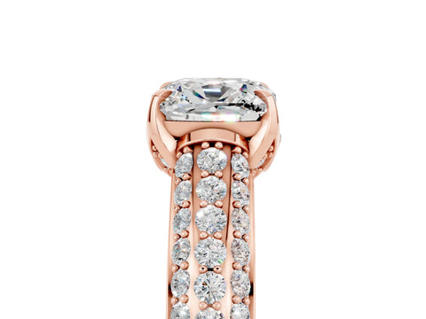 Rose gold Cushion Cut Moissanite Solitaire Ring with Three-Row Pavé Band and Four-Prong Setting_17