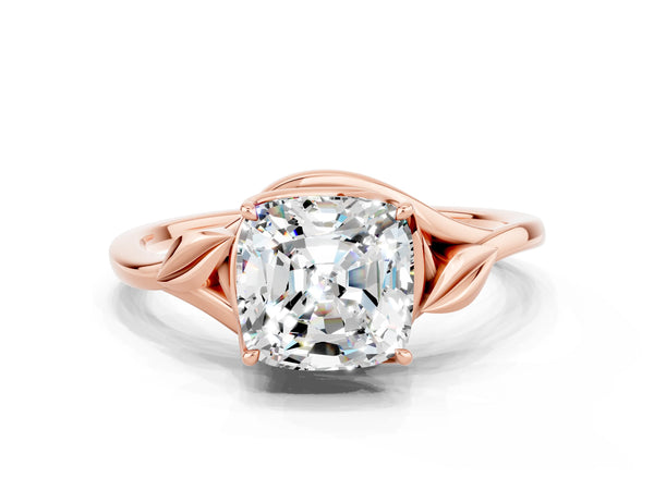 Rose gold Cushion Cut Moissanite Solitaire Ring with Twist Band and Four-Prong Setting