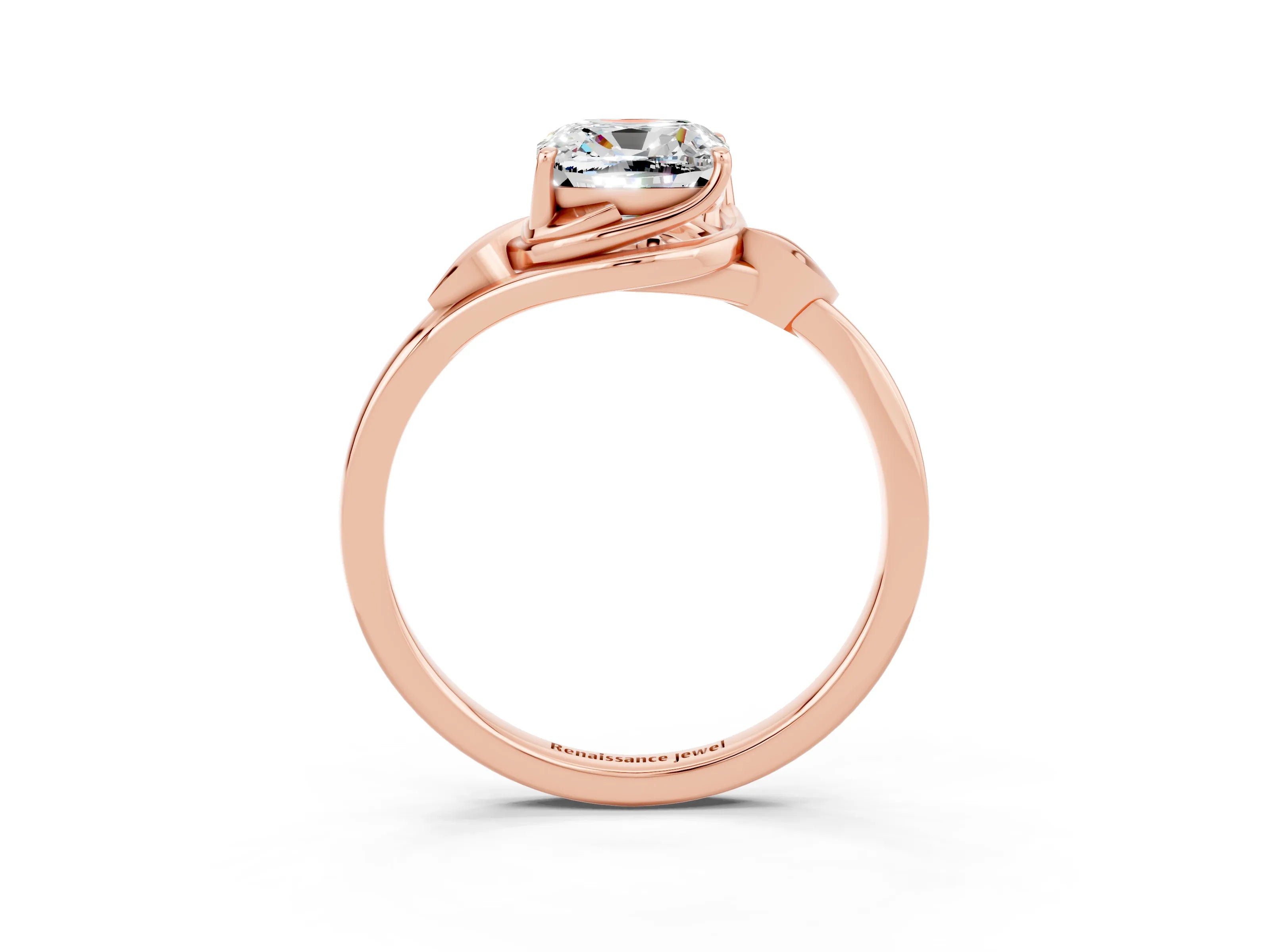 Rose gold Cushion Cut Moissanite Solitaire Ring with Twist Band and Four-Prong Setting_27
