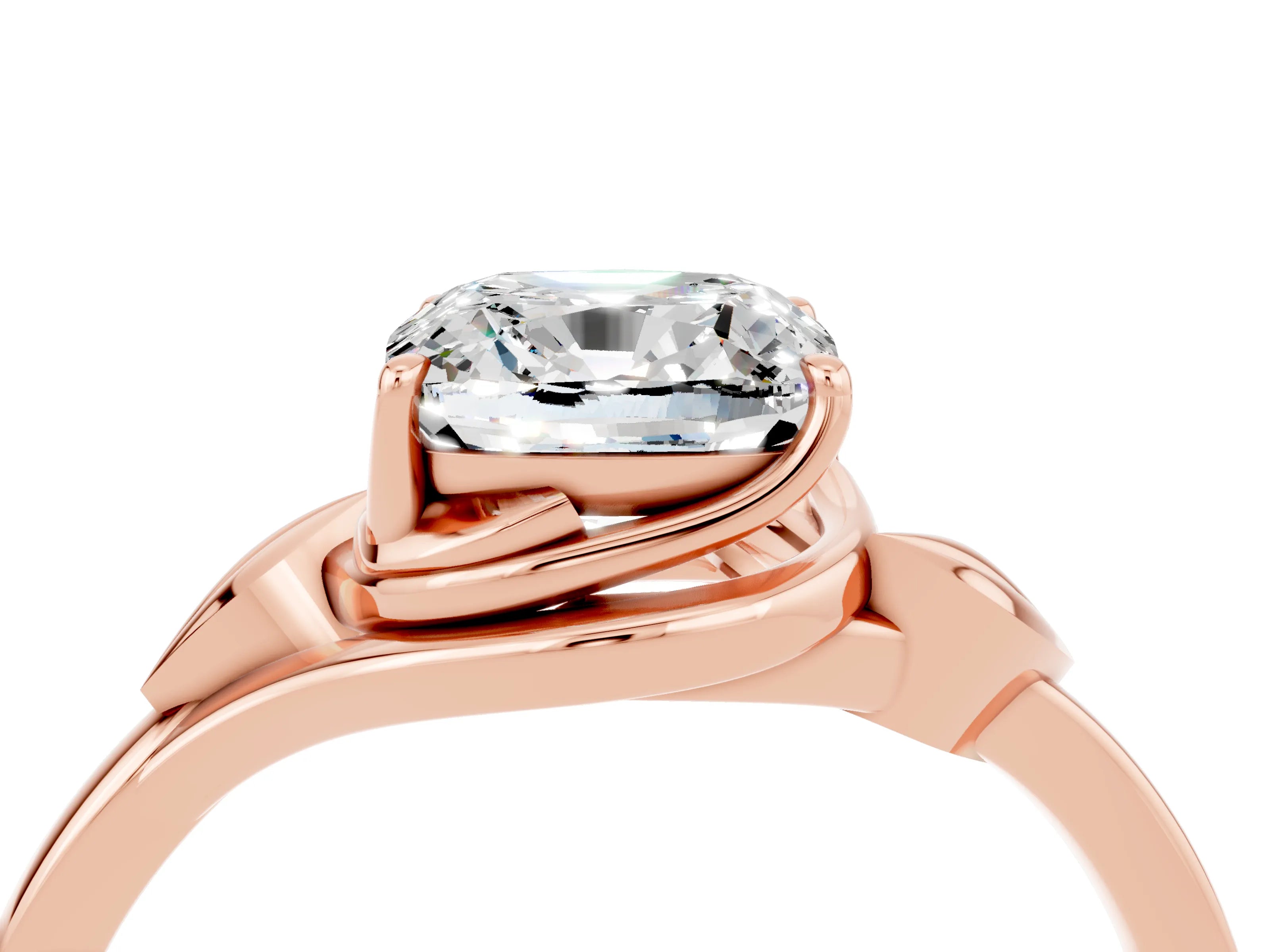 Rose gold Cushion Cut Moissanite Solitaire Ring with Twist Band and Four-Prong Setting_28