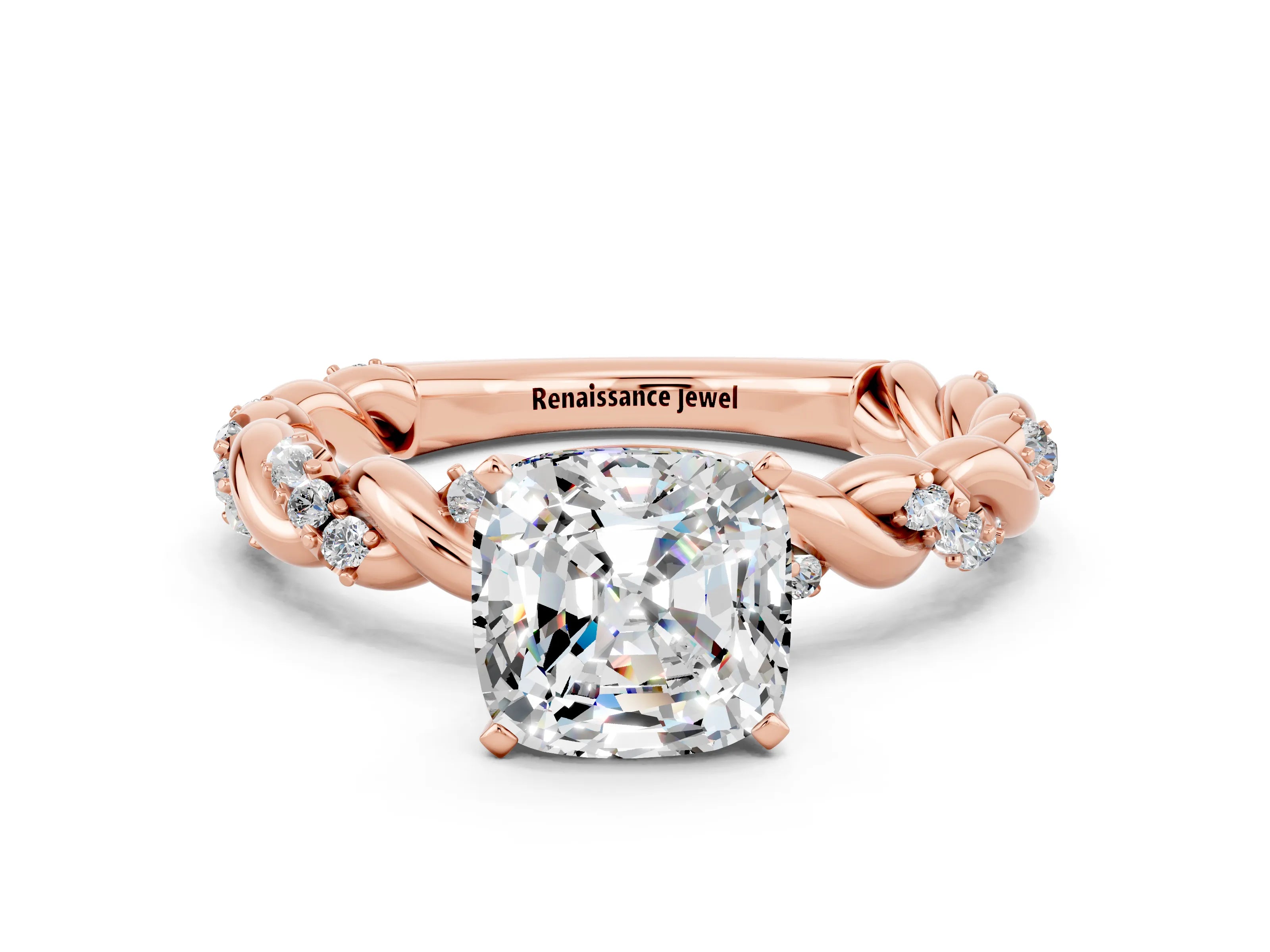 Rose gold Cushion Cut Moissanite Solitaire Ring with Twisted Band and Pavé Accents