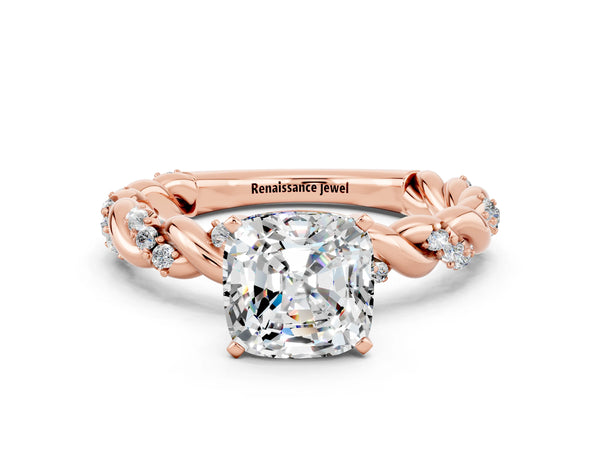 Rose gold Cushion Cut Moissanite Solitaire Ring with Twisted Band and Pavé Accents