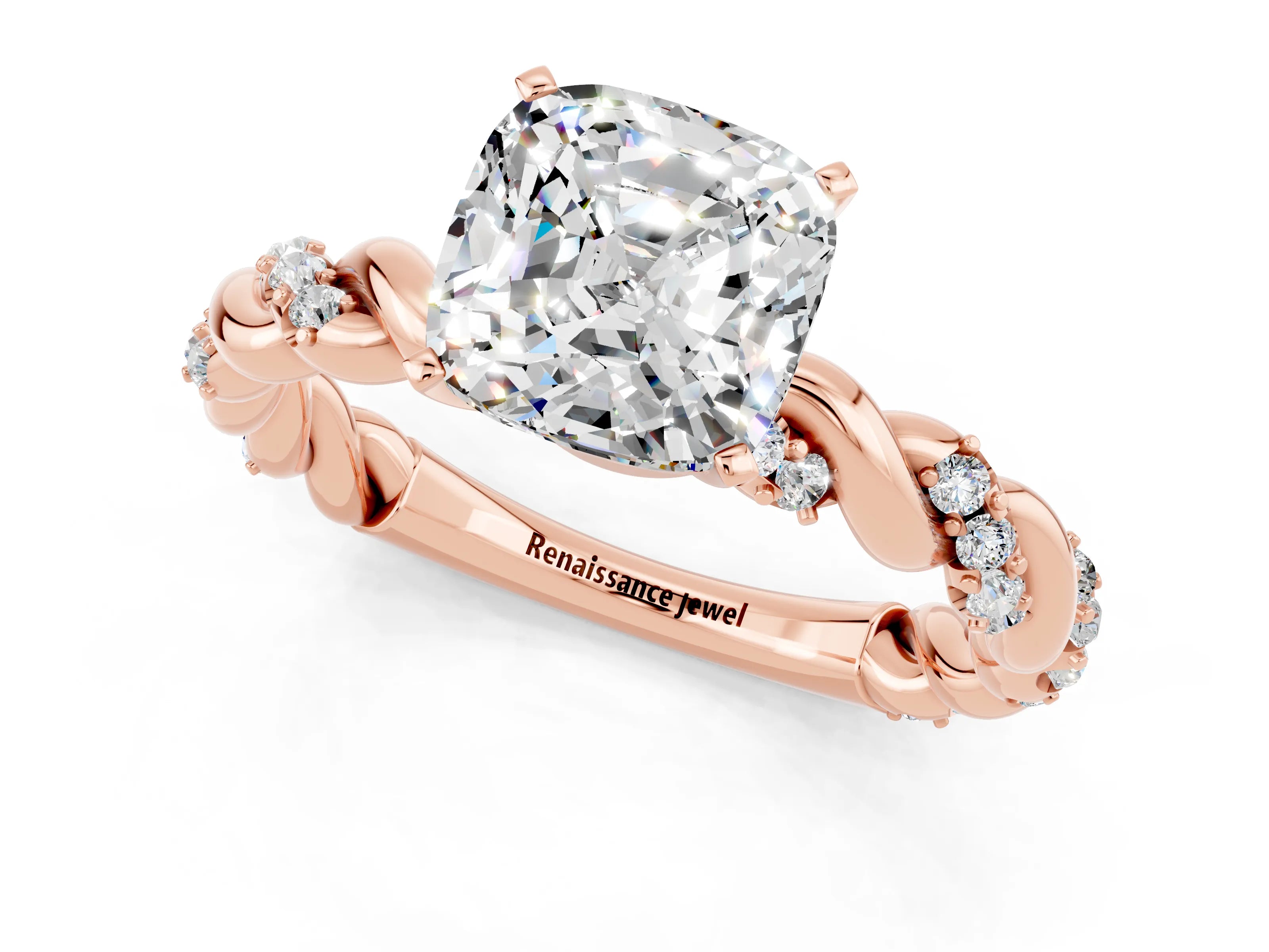 Rose gold Cushion Cut Moissanite Solitaire Ring with Twisted Band and Pavé Accents_1
